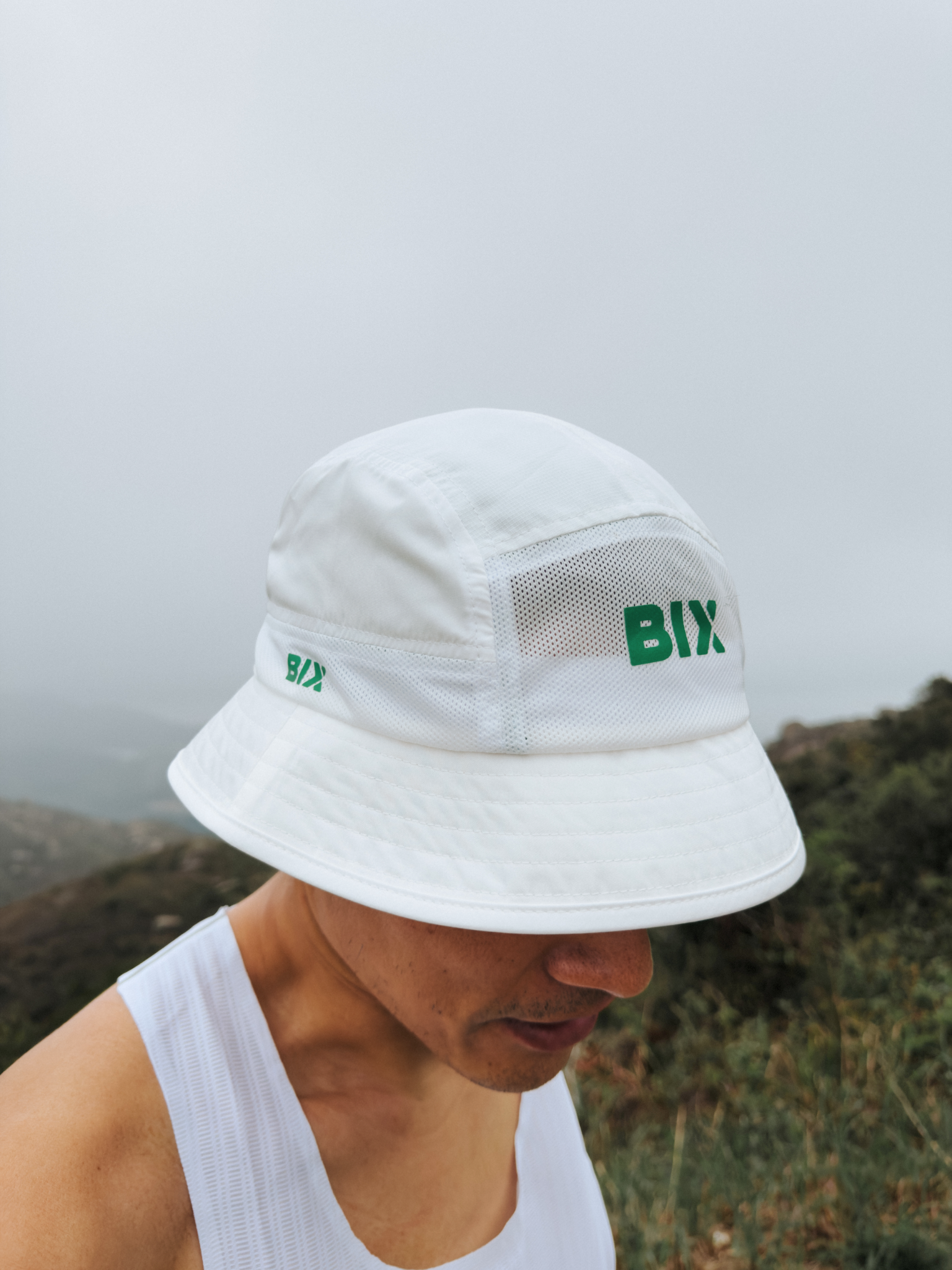 Bix Ultra Light Bucket Hat - White with Green Logo