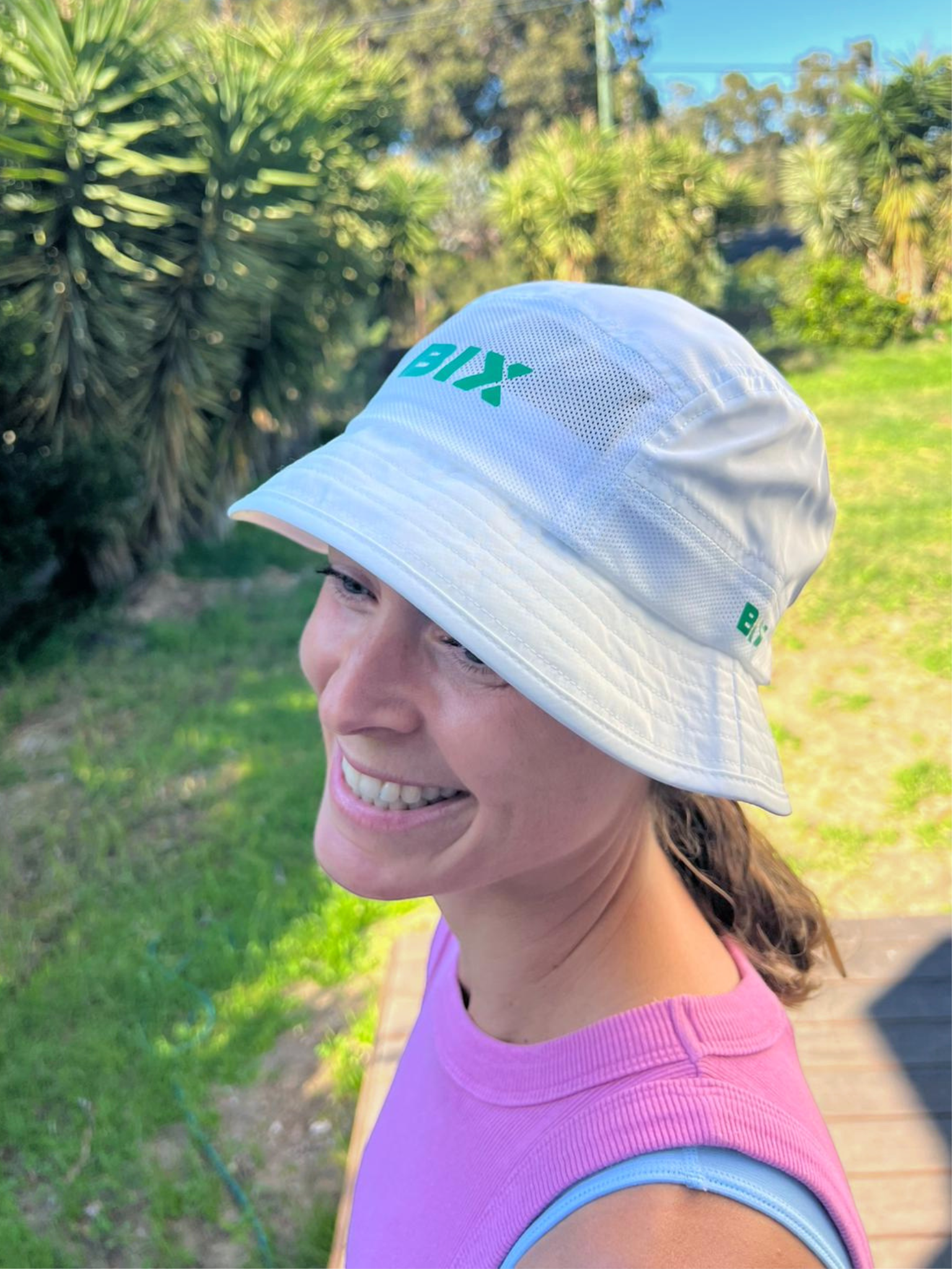 Bix Ultra Light Bucket Hat - White with Green Logo