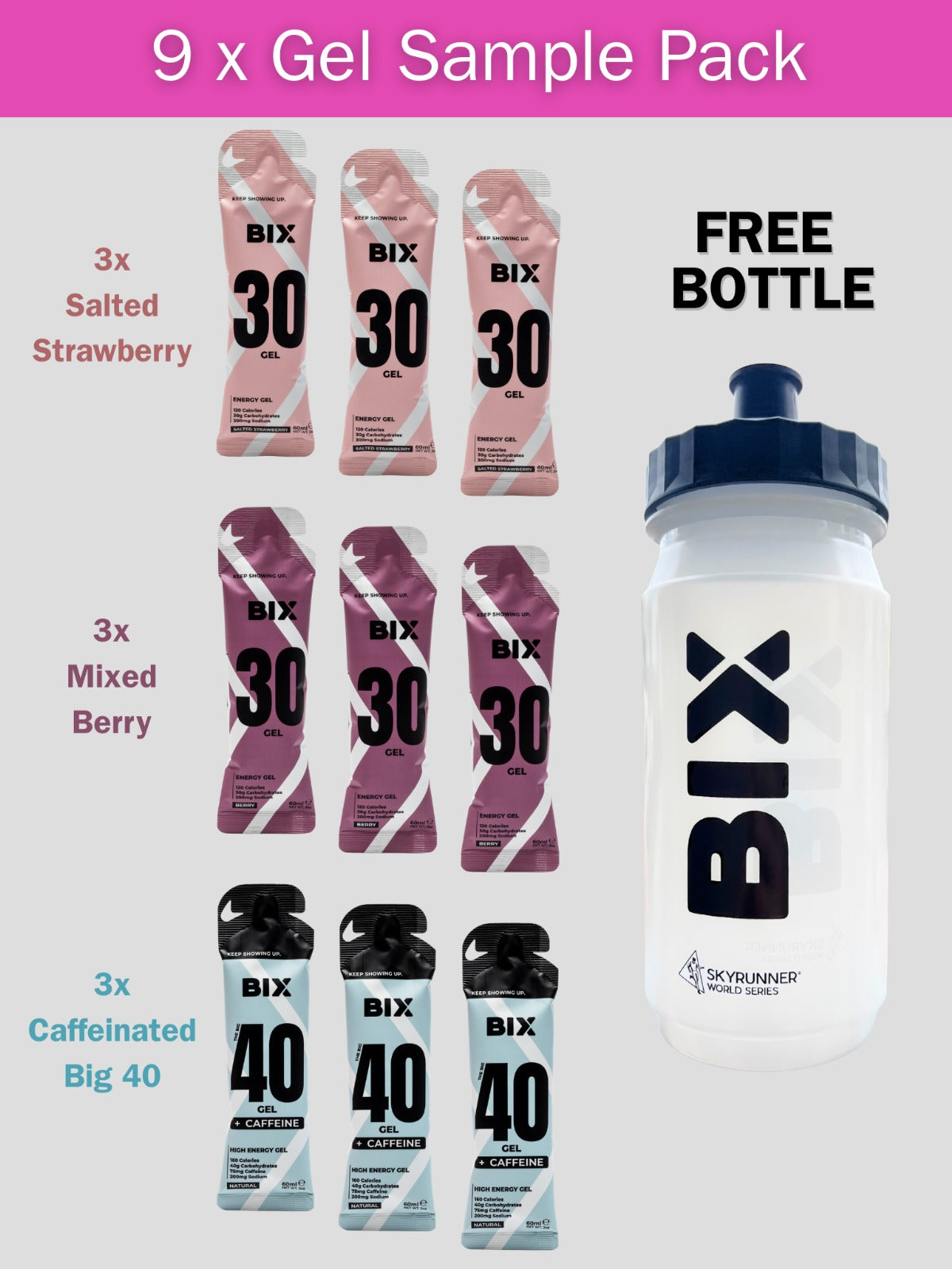 9 Gel Sample Pack + Free Water Bottle